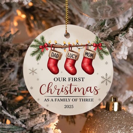 Discover First Christmas as a Family of 3 Ceramic Ornament 2025 Custom Name Keepsake Gift