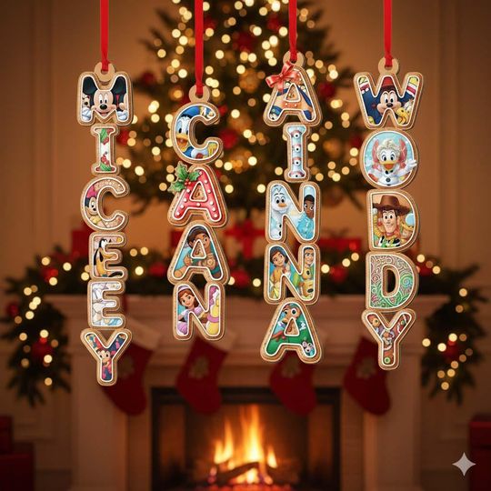 Custom Alphabet Kids Name Ornament, Family Name Letter Ornament, Christmas Tag for Stockings, Kids Xmas Gift, Disney Mickey And Character