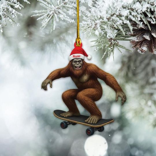 Discover Personalized Funny Sasquatch Christmas Ornament, Bigfoot Skateboard 2D Flat Ornament, Skateboard Lovers Xmas Gift