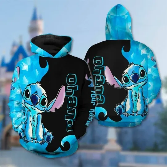 Discover Personalized Stitch Blue Dog Hat 3D Hoodie, Lilo & Stitch Movie, Custom Name