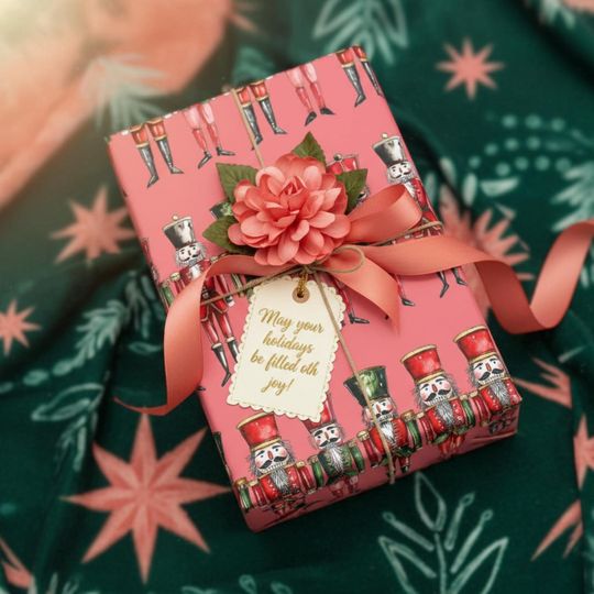 Discover Nutcracker Christmas Wrapping Paper Pink Red Green Holiday Gift Wrap