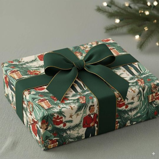 Vintage Christmas Wrapping Paper 1940s Holiday Gift Wrap Retro Paper Roll