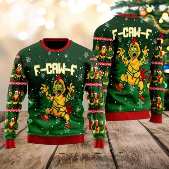 Discover F-Caw-F Chicken Ugly Christmas Sweater, Funny Green Rooster Xmas Sweatshirt