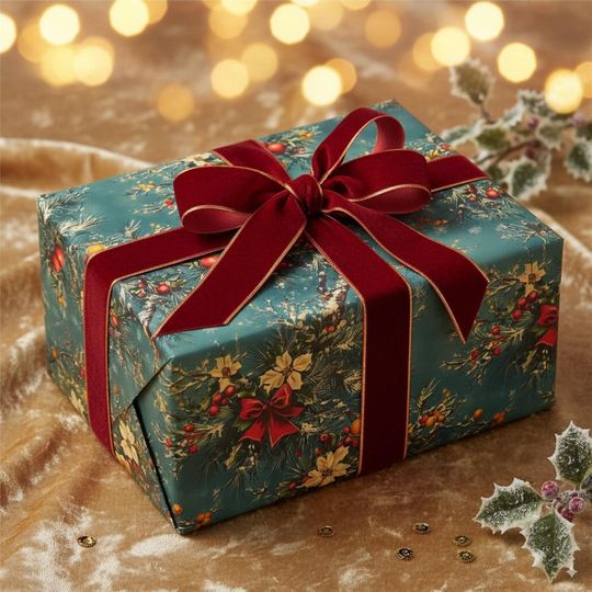 1920s Vintage Christmas Wrapping Paper Pinecone Berry Holly Floral Holiday Gift Wrap