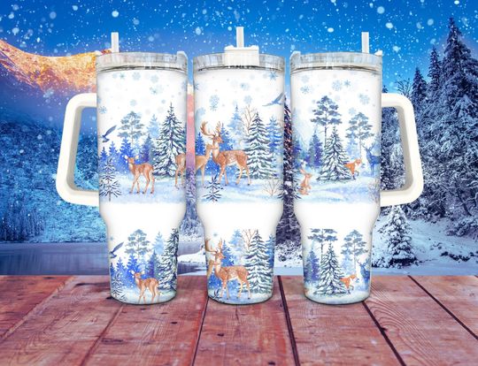 Discover Seamless Winter Scene 40oz Tumbler Wrap PNG, Quencher Handle Tumbler Holiday Deer Sublimation Design, X-mas 40 oz Template, Digital Download