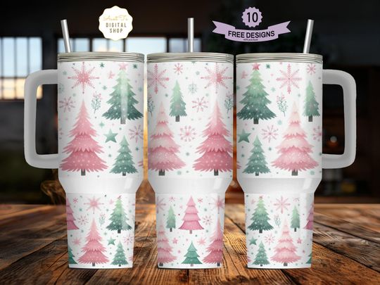Discover Pastel Pink Green Christmas Trees 40oz Tumbler Wrap Design, 40 ounce quencher handle cup sublimation png, 40 oz Christmas Tumbler Design