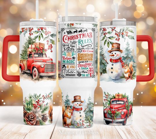 Discover Christmas rules 40oz Quencher tumbler sublimation design Red truck and gifts Snowman Winter Holiday Believe digital wrap Waterslide download