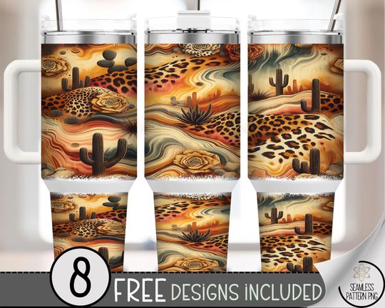 Discover Exotic 40 oz Tumbler Wrap, Leopard Desert Sublimation Design, Vibrant Abstract PNG Files, Wild Cacti Landscape, A542