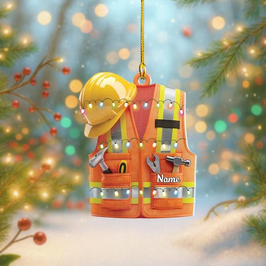 Personalized Safety Vest Christmas Ornament, Construction Worker Ornament, Heavy Equipment Operator Ornament, Construction Worker