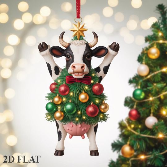 Discover Whimsical Resin Cow Christmas Ornament | Funny Cow Lover Tree Accent | Holiday Pet Gift Idea | Personalized Cow Decor