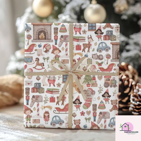 Discover Vintage Toy Shop Christmas Wrapping Paper with Elf and Reindeer Design