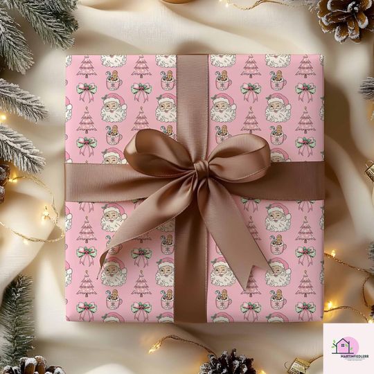 Discover Pink Santa Christmas Wrapping Paper with Gingerbread Tree and Bow, Festive Holiday Gift Wrap Sheets for Kids Birthday