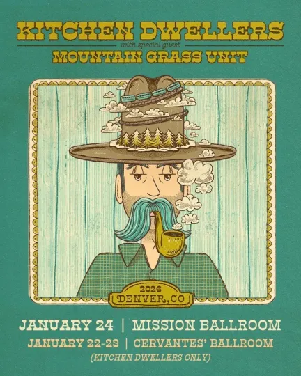 Discover Kitchen Dwellers – January 2026 Denver Poster, Vintage-Style Bluegrass Concert
