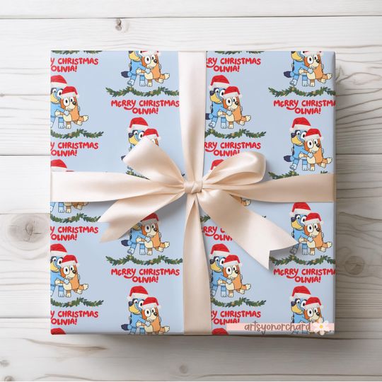 Discover Blue Dog Christmas Gift Wrap, Personalized Name Cartoon Wrapping Paper, Blue Bingo Dog Holiday Gift Wrap