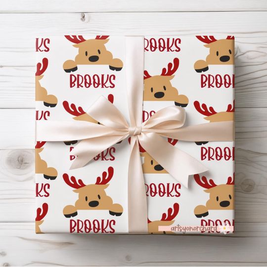 Discover Cute Reindeer Christmas Wrapping Paper | Kids Personalized Holiday Gift Wrap | Custom Name Holiday Gift Wrap