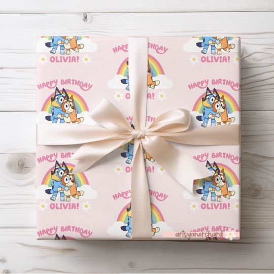 Discover Blue Dog Wrapping Paper, Blue Dog and Bingo Party Gift Wrap, Blue Dog Rainbow Custom Gift Wrap