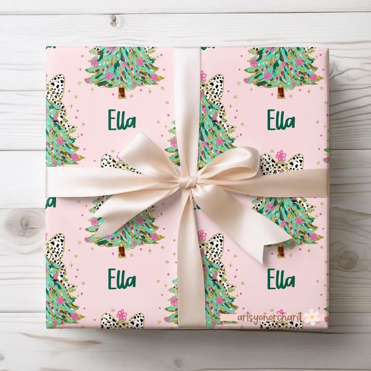 Discover Sage Pink Coquette Bow Christmas Tree Wrapping Paper | Personalized Gift Wrap | Custom Name Holiday Gift Wrap