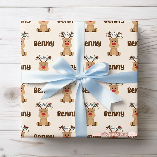 Discover Reindeer Kids Christmas Wrapping Paper - Personalized Gift Wrap with Custom Name