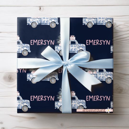 Discover Vintage Christmas Truck Wrapping Paper with Custom Name, Holiday Gift Wrap, Chinoiserie Style