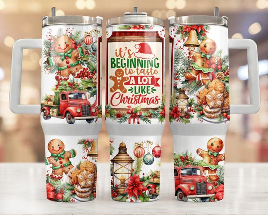 Discover It's beginning to smell a lot like Christmas 40oz Quencher tumbler sublimation design Holiday Gingerbread man Truck