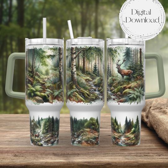 Discover Deer Forest Watercolor Outdoors 40oz Tumbler Wrap - Tumbler Design Sublimation Designs Sublimation Tumbler with Handle Wrap
