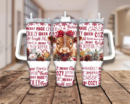 Discover Cute Christmas Cow 40oz Tumbler Wrap Seamless , Highland Quencher Handle Tumbler Holiday Sublimation Design, X-mas 40oz