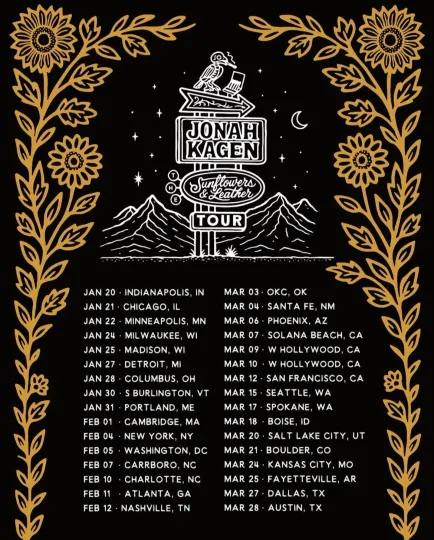 Discover Jonah Kagen Sunflowers and Leather 2026 Tour Poster