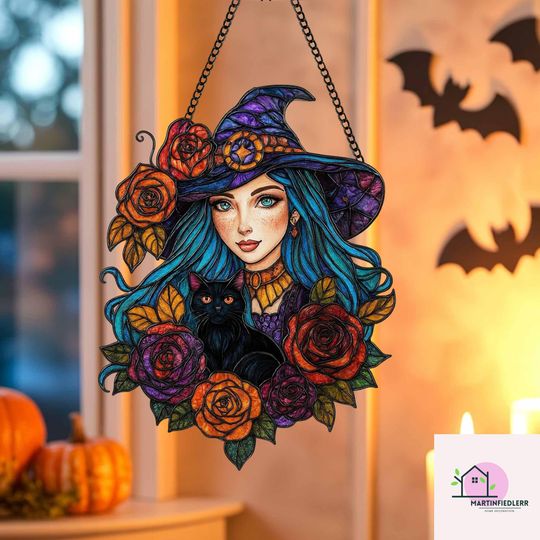 Discover Gothic Witch Girl and Black Cat Acrylic Suncatcher for Halloween Window Decor