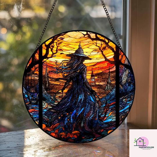 Discover Witch Sunset Suncatcher, Gothic Halloween Stained Glass Acrylic Window Decor
