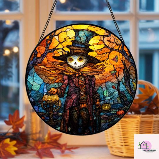 Scarecrow Pumpkin Suncatcher Halloween Stained Glass Window Hanging