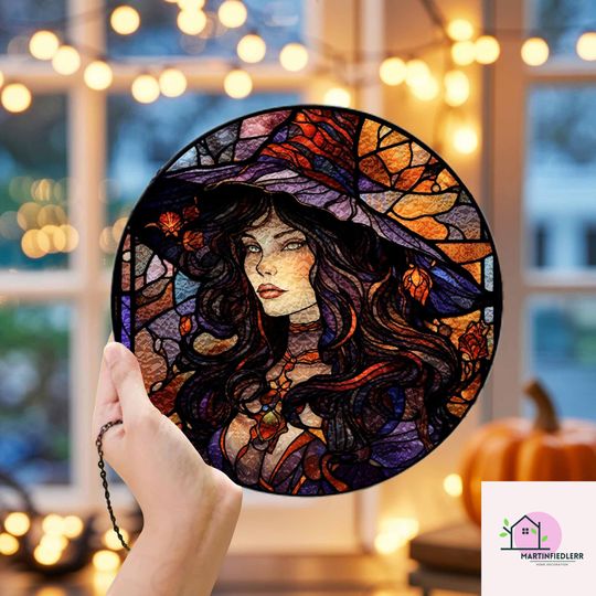 Discover Halloween Witch Suncatcher with Stained Glass or Acrylic Pumpkin Decor