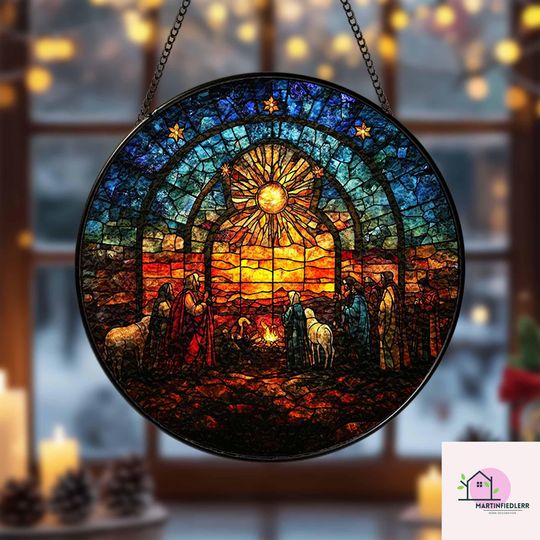 Discover Cathedral Nativity Scene Stained Glass Suncatcher Holiday Window Ornament