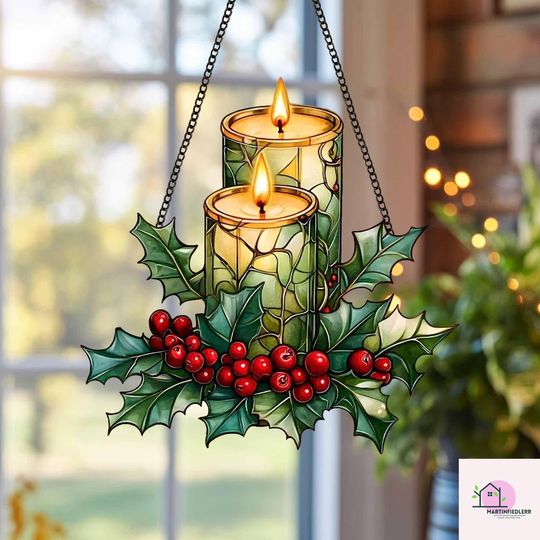 Discover Holly Candle Glow Acrylic Suncatcher - Christmas Window Ornament