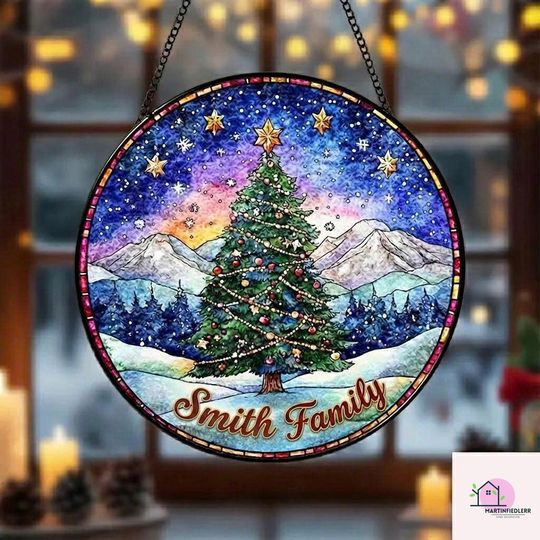Custom Starry Night Christmas Tree Stained Glass Suncatcher - Winter Landscape Window Art