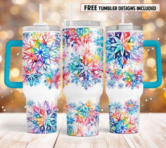 Discover Snowflakes 40oz Quencher tumbler sublimation design Christmas neon   wrap Waterslide download