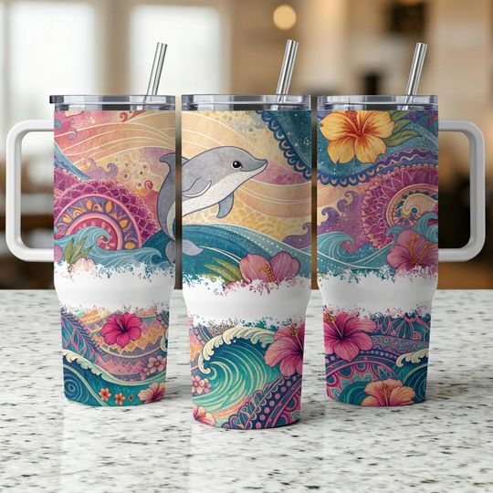 Discover Dolphin Tumbler Wrap, 40oz Ocean Wave Floral Sublimation