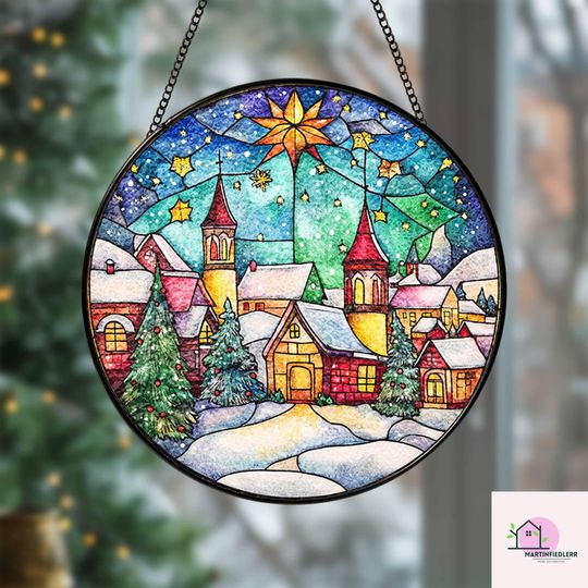 Discover Christmas Village Stained Glass Suncatcher - Peaceful Winter Night Decor