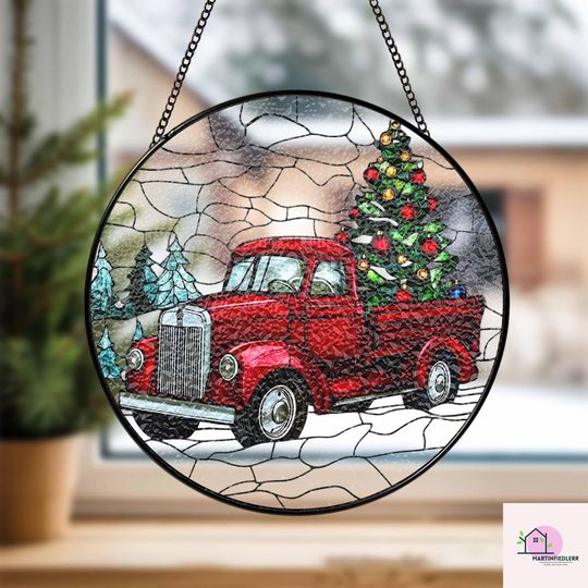 Discover Red Truck Christmas Tree Stained Glass Suncatcher for Window Decor
