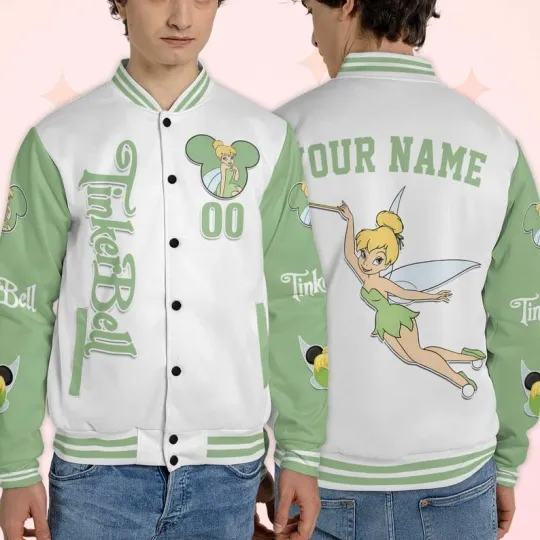 Personalized Pretty Tinker Bell Fairy Princess Peter Pan Cartoon Baseball Jacket