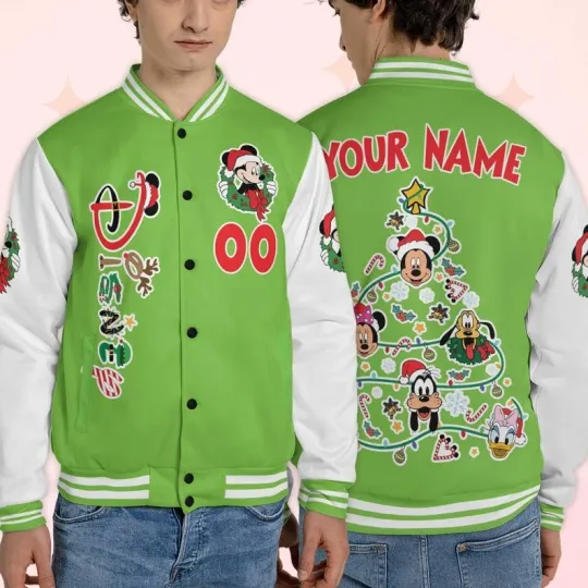 Discover Personalized Mickey & Friends Christmas Tree Lights Green White Baseball Jacket