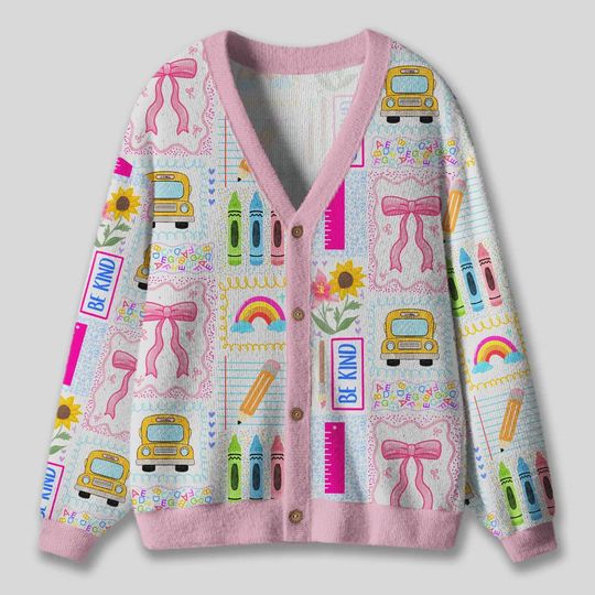 Discover Pink School Ugly Cardigan Sweater, School Bus Coquette Bow Teacher Xmas Sweater, Festive Winter Outfit for Teacher