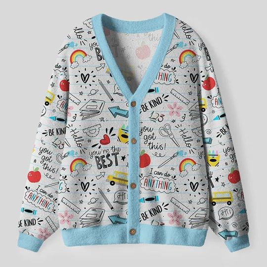 Discover Cartoon Stationery Ugly Cardigan Sweater, Teacher Xmas Sweater, Festive Winter Outfit for Teacher