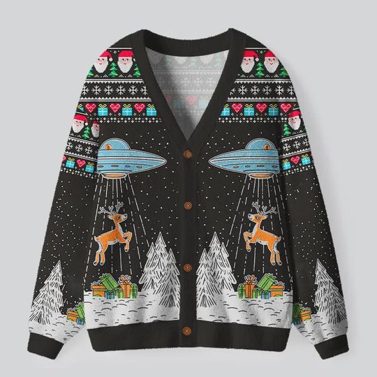 Alien Christmas Ugly Cardigan Sweater, Alien and Reindeer Xmas Sweater, Festive Winter Outfit for Men Women
