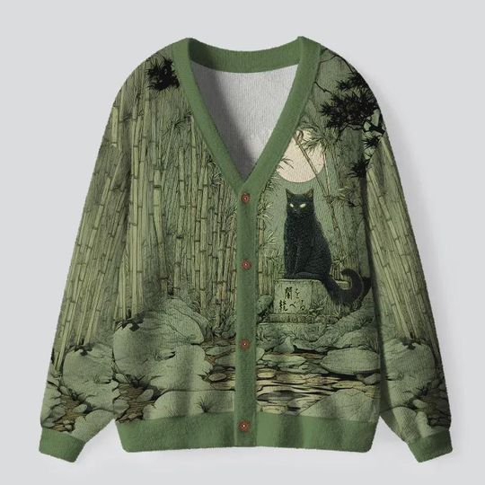 Discover Cat Under The Moon Ugly Cardigan Sweater, Funny Cat Xmas Sweater, Festive Winter Outfit for Men Women