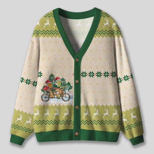 Discover Frog's Christmas Trip Ugly Cardigan Sweater, Funny Frog Xmas Sweater, Festive Winter Outfit, Gift for Frog Lovers
