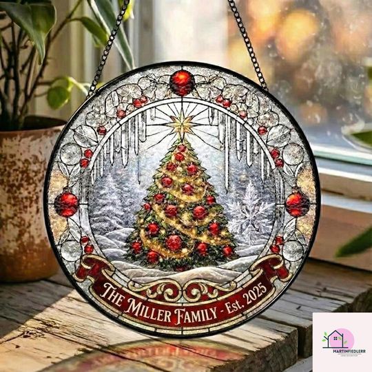 Discover Custom Sparkling Golden Christmas Tree Stained Glass Suncatcher for Holiday Window Decor