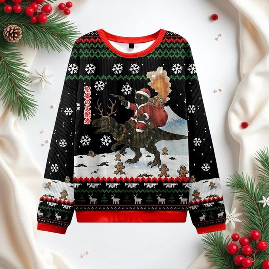Cat Riding a Dinosaur Ugly Christmas Sweater, Retro Funny Holiday Pullover, Cute Dino Xmas Knit, Silly Cat Riding Dinosaur Christmas Sweater