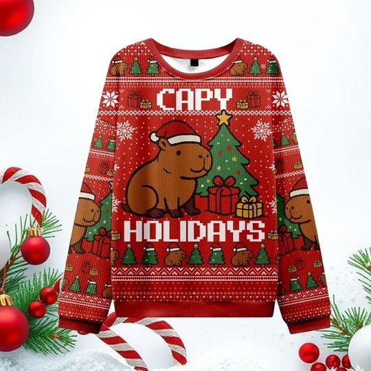 Discover Capybara Celebration Ugly Christmas Sweater, Retro Funny Capy Holiday Pullover, Cute Xmas Knit, Festive Capybara Holiday Sweater