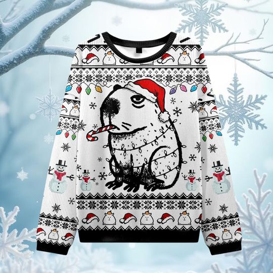 Discover Capybara Smoking Ugly Christmas Sweater, Funny Retro Holiday Pullover, Quirky Xmas Knit, Unique Capybara Christmas Party Sweater