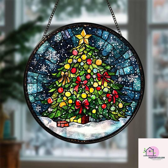 Discover Snowy Christmas Tree Stained Glass Suncatcher for Winter Holiday Decor